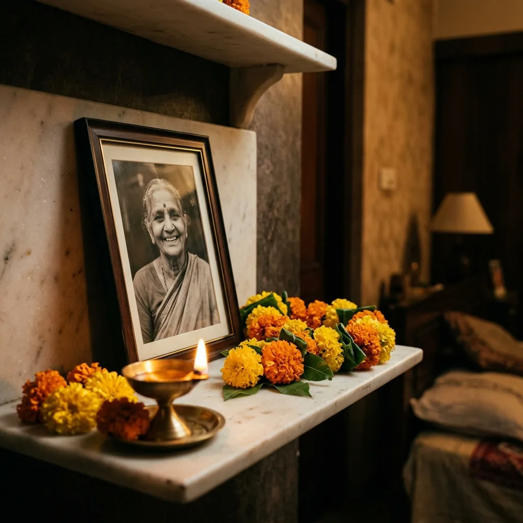 White marble family memorial shelf with a framed photo, marigolds and a diya lamp