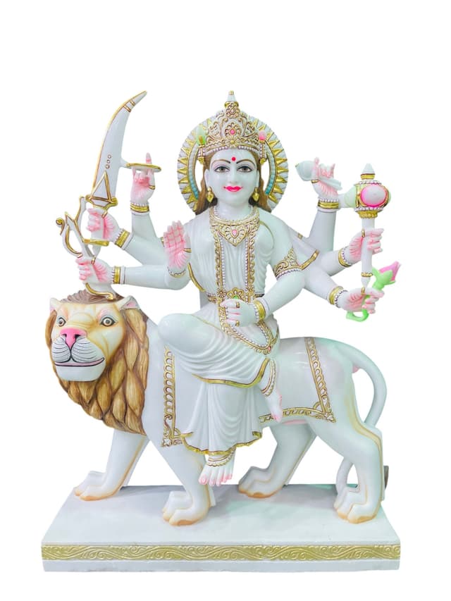 Majestic Marble Maa Durga on Lion (Ashtabhuja) thumbnail 8