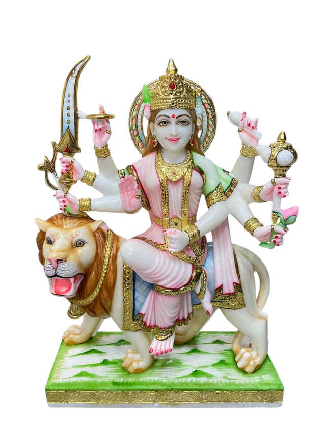 Majestic Marble Maa Durga on Lion (Ashtabhuja) thumbnail 7
