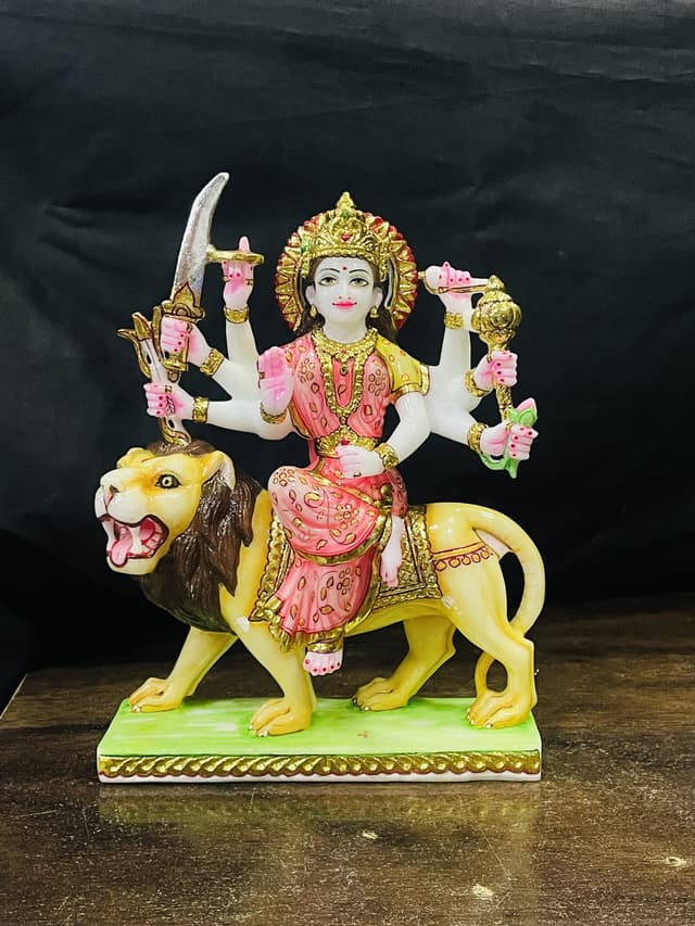 Majestic Marble Maa Durga on Lion (Ashtabhuja) thumbnail 2