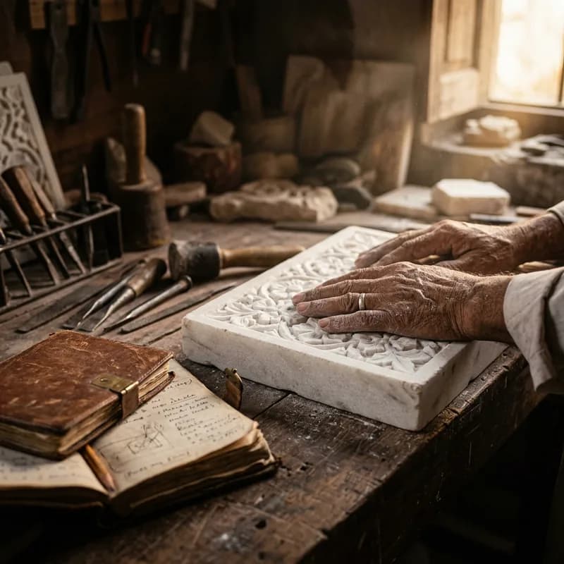 Artisan hands resting on Makrana marble with a journal