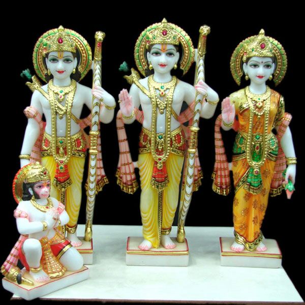 Painted Hindu Shri Ram Darbar White Marble Statue