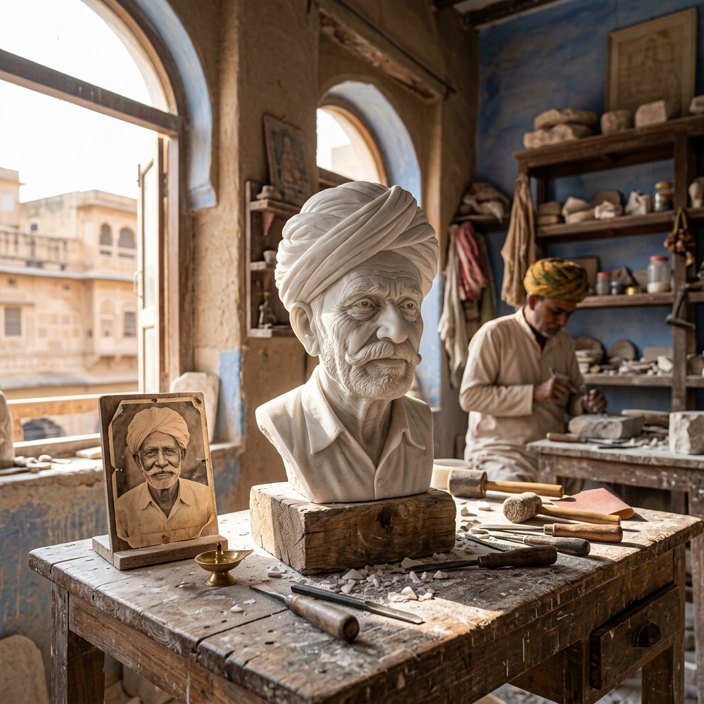 Artisan carving a lifelike marble bust from a photograph
