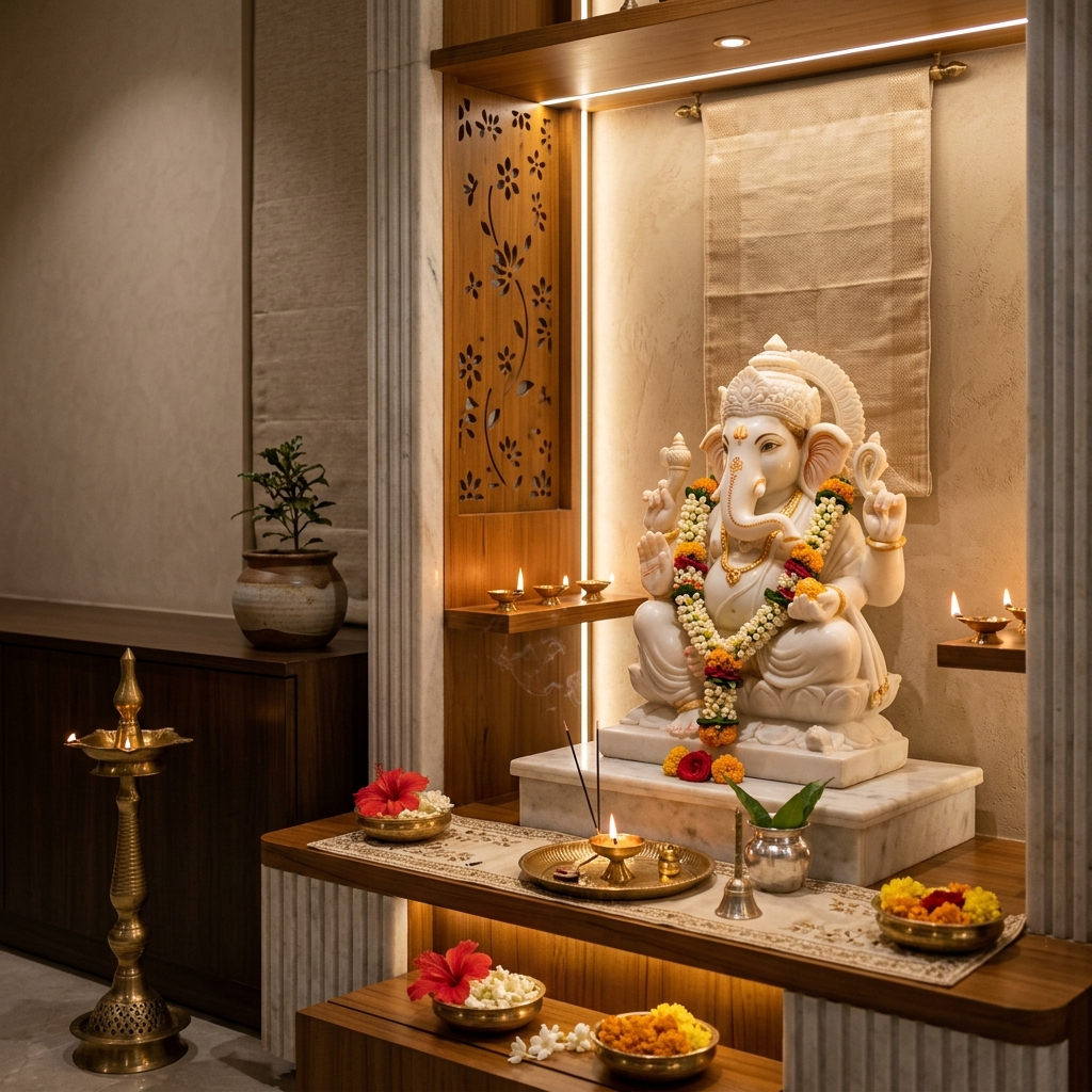 Beautiful Home Mandir with Marble Ganesha